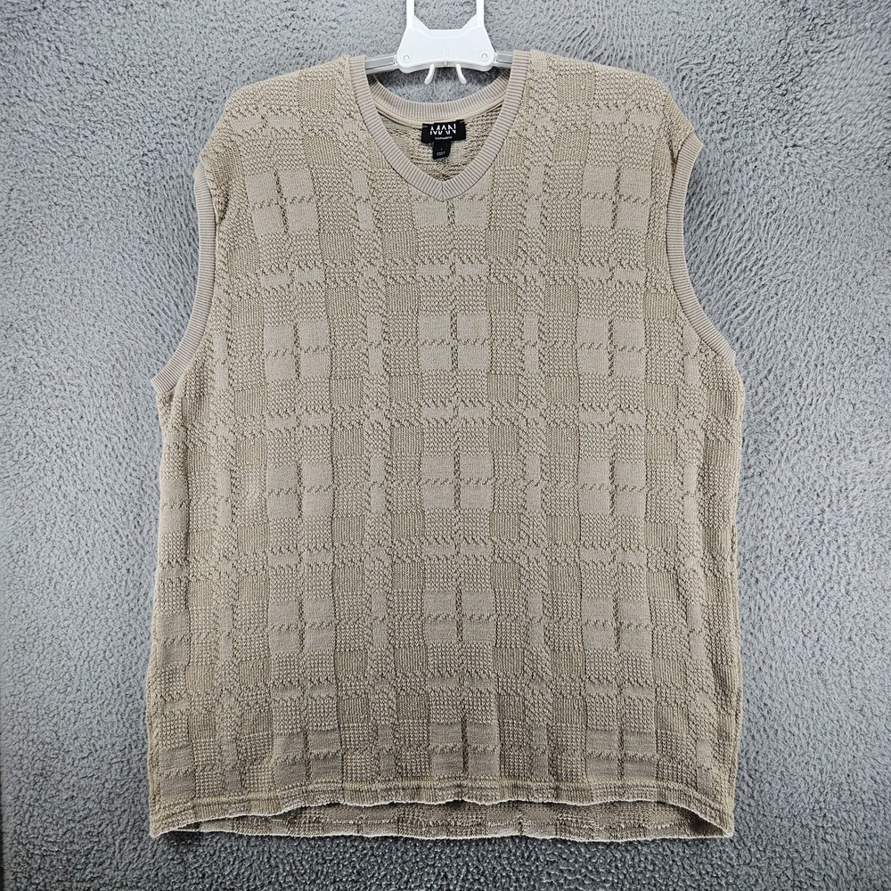 boohooMAN Mens Tan Beige Textured Grid Knit V-Neck Sweater Vest Large